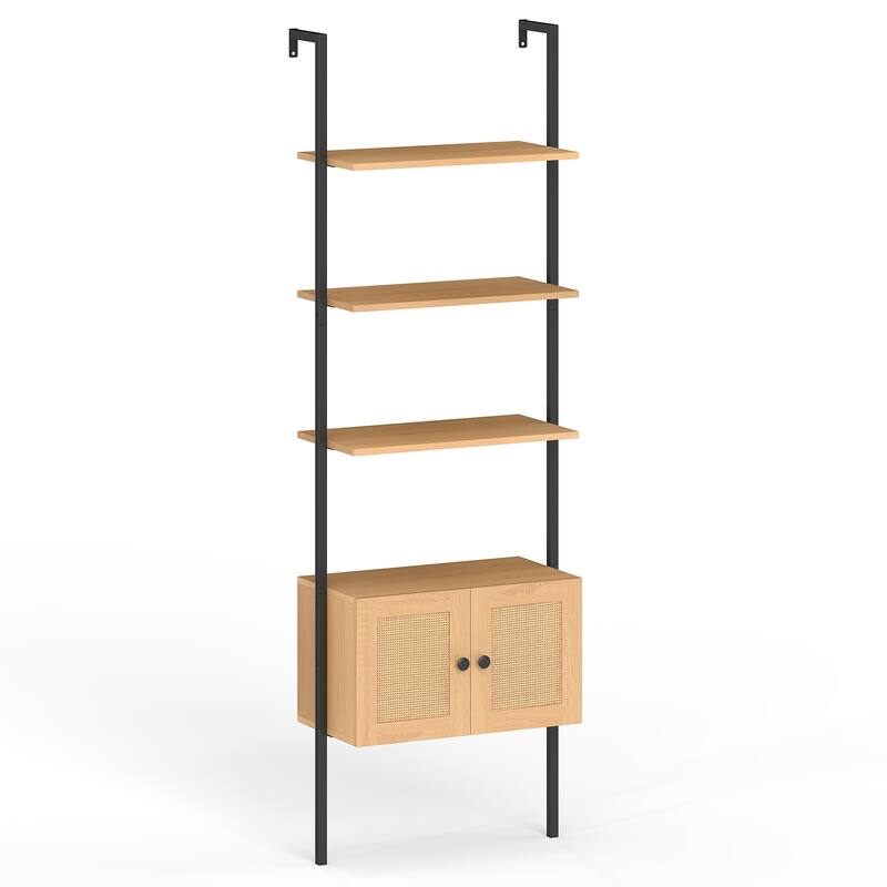 Gymax Wall-Mounted Ladder Shelf 5-tier Bookshelf w/ Rattan-Door