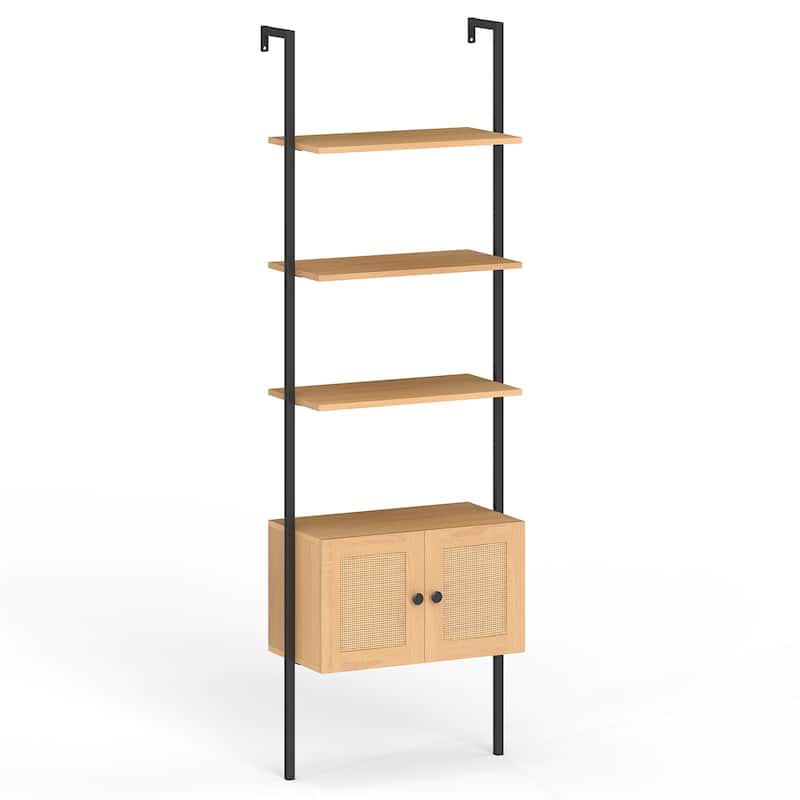 Natural Engineered Wood Ladder Bookshelf with Metal Frame and Rattan Doors - 23.5" x 12.5" x 72.5" - Natural