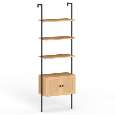 Natural Engineered Wood Ladder Bookshelf with Metal Frame and Rattan Doors - 23.5" x 12.5" x 72.5"