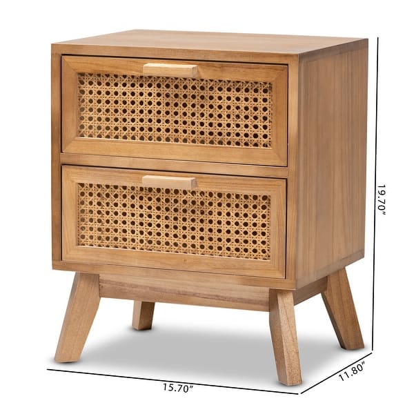 Baxton Studio Baden Mid-Century Modern Walnut Brown Finished Wood 2-Drawer End Table with Rattan