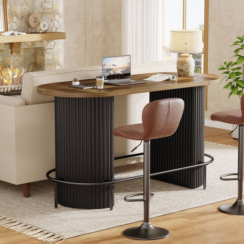 Modern Industrial Oval Bar Table, Counter Height Pub Dining Table with Footrest
