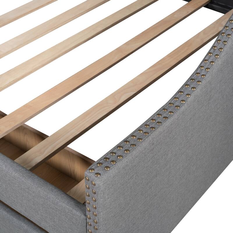 Full Size Upholstered Daybed with Two Drawers, Solid Wood Full Size Sofa Bed Frame with Button Tufted and Nailtrim on Arms