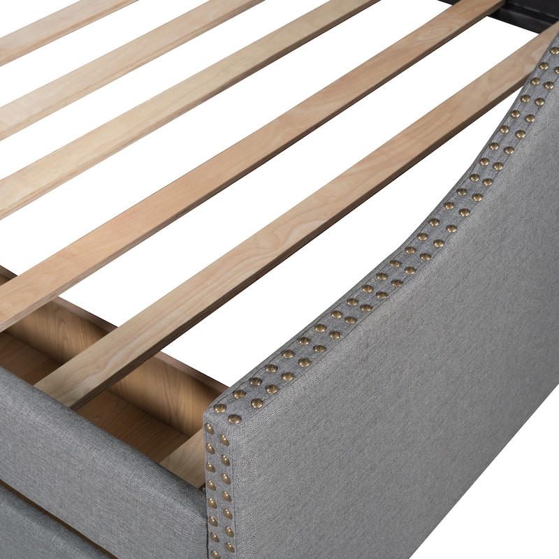 Upholstered daybed with Two Drawers, Wood Slat Support, Beige, Full Size