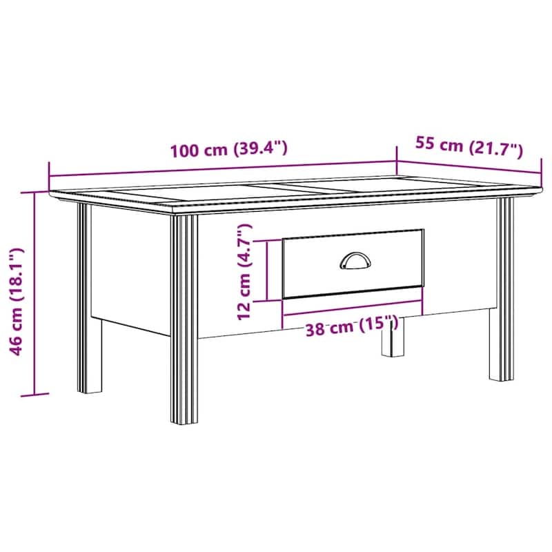 vidaXL Coffee Table Accent Side Table for Living Room BODO Solid Wood Pine - 39.4"x21.7"x17.7"