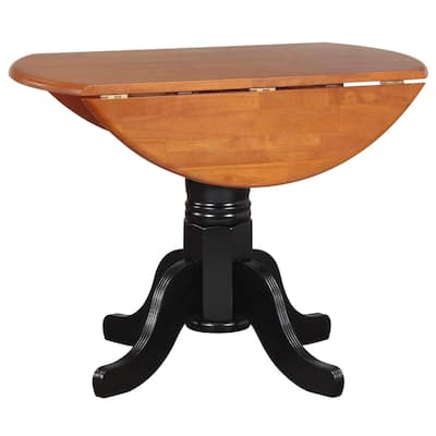 Round Drop Leaf Dining Table - 42" Extendable Table, Antique Black & Cherry Finish - 42