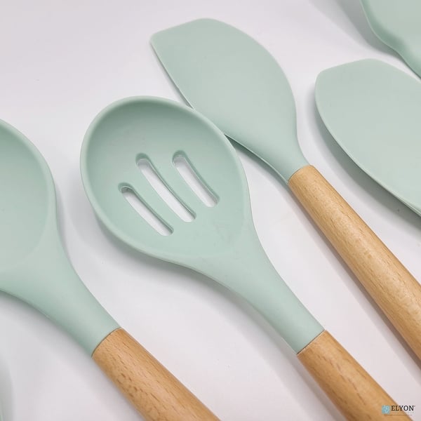 Elyon 9 Piece Colored Silicone with Wood Handles Kitchen Utensils Set - 9 Piece - Mint Green