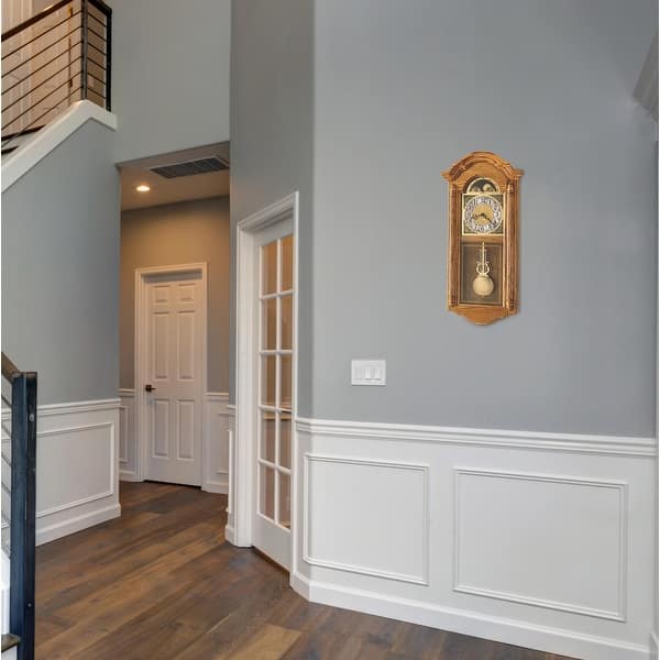 slide 3 of 2, Howard Miller Fenton Grandfather Clock Style Chiming Wall Clock with Pendulum, Vintage, Old World, Classic Design Brown