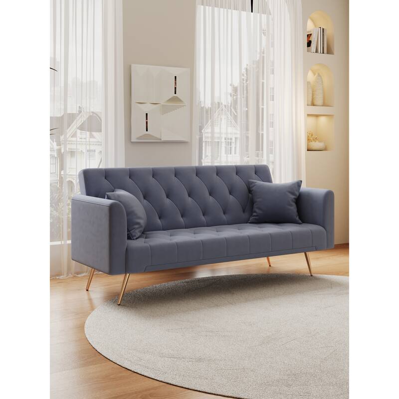 Velvet Loveseat Sofa Adjustable Backrest Sleeper Sofa Bed with 2 Pillow Upholstered Deep Seat Sofa, Tufted Couch