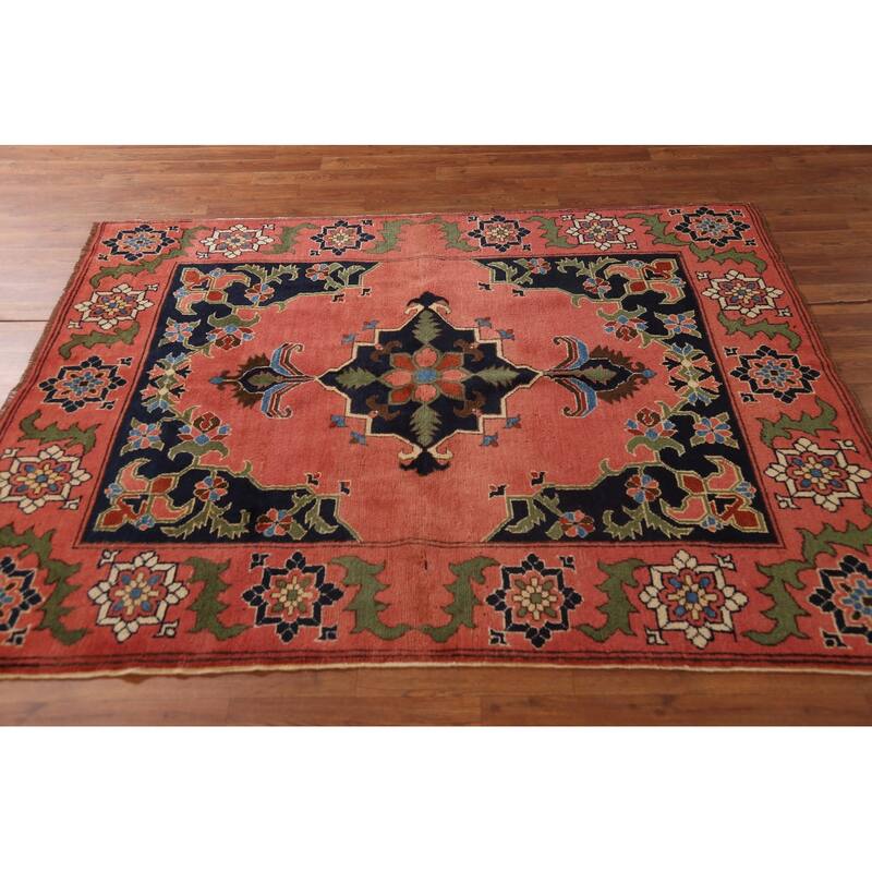 Geometric Anatolian Turkish Area Rug Hand-Knotted Pink Wool Carpet - 4'9"x 6'0"