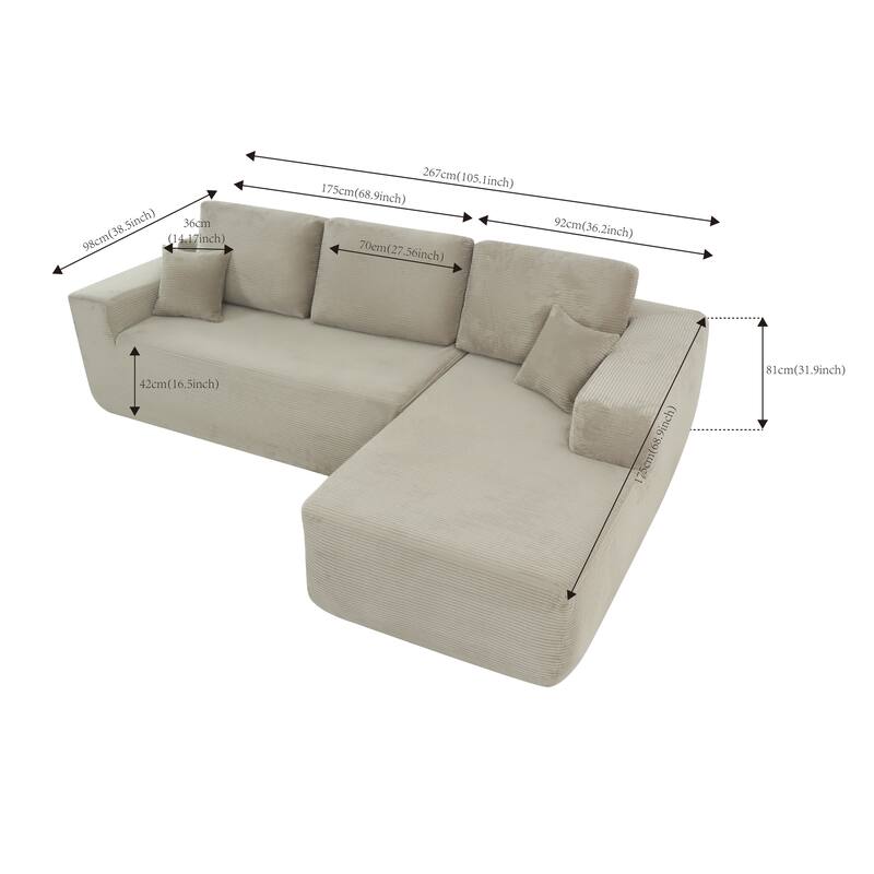 Modular Sectional Sofa with L-Shape Chaise Lounge, Corduroy Deep Seat Cloud Couch, Corner Upholstered Sofa with 2 Pillows