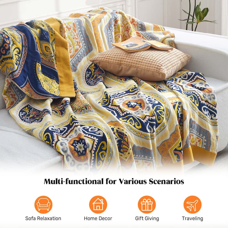 100% Cotton Boho Floral Thermal Breathable Jacquard Throw Blankets