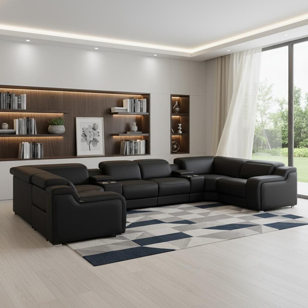 HomeRoots Black Italian Leather Power Reclining U Shaped Eight Piece Corner Sectional With Console