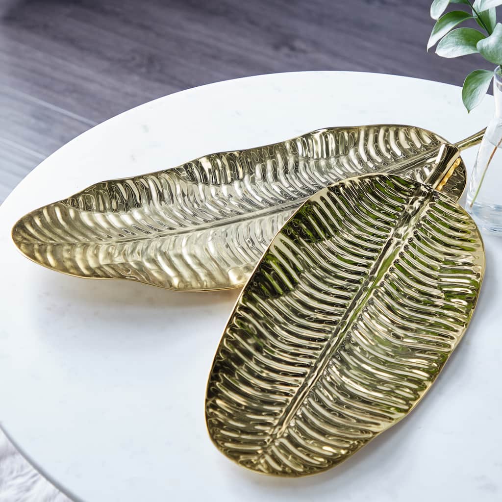 Gold Metal Leaf Living Room Decor Tray (Set of 2) - 25 x 10 x 2