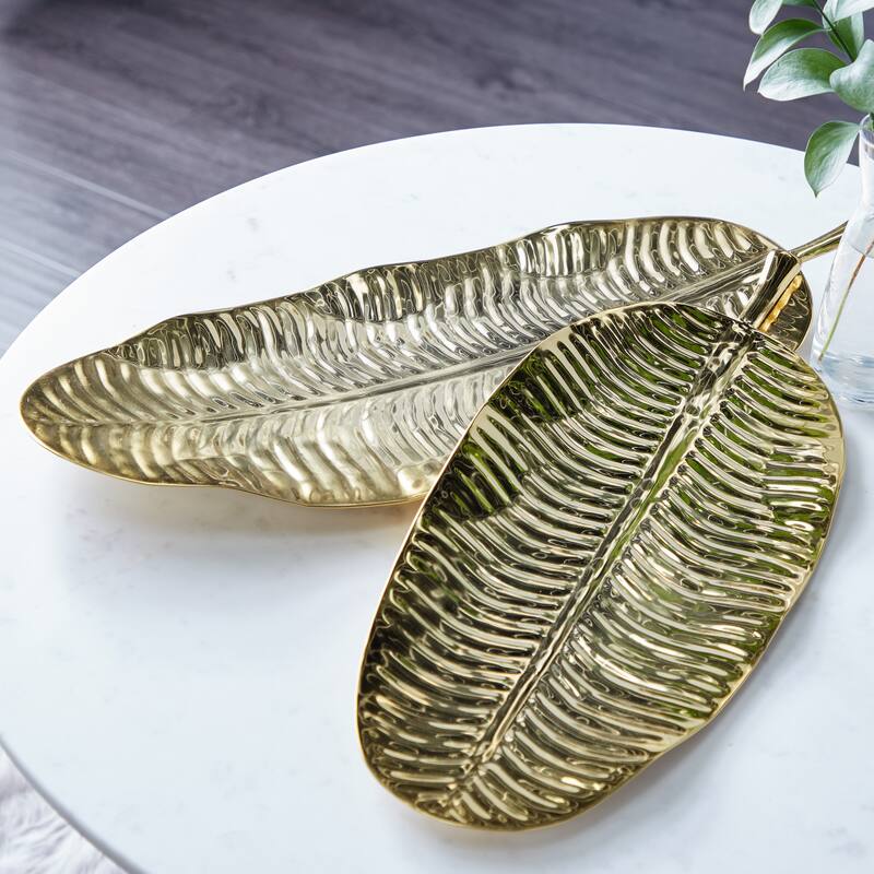 Metal Leaf Tray - Set of 2 Gold - Roche River Decor - 10"W x 25"L x 2"H