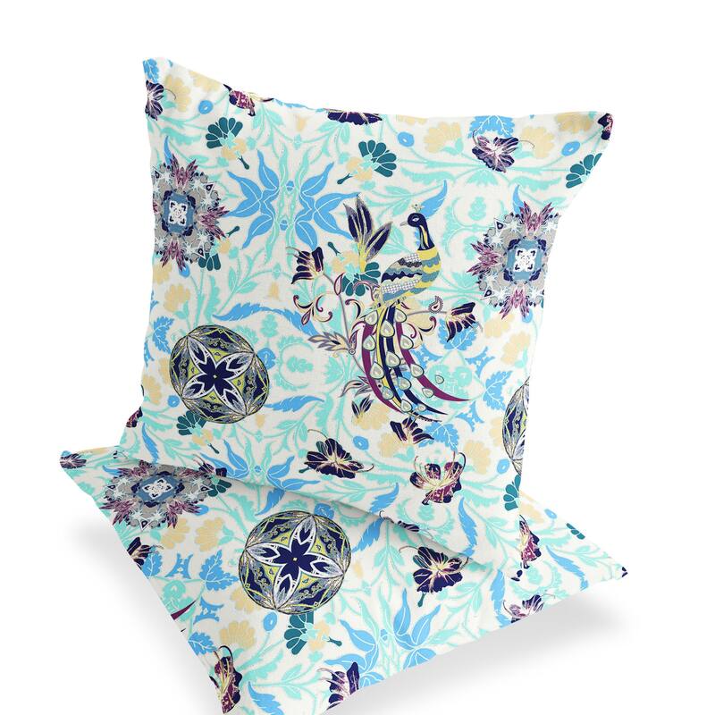 HomeRoots Set of Two 16" X 16" Blue and White Peacock Blown Seam Eclectic Indoor Outdoor Throw Pillow - 16.00' X '16.00' X '5.00
