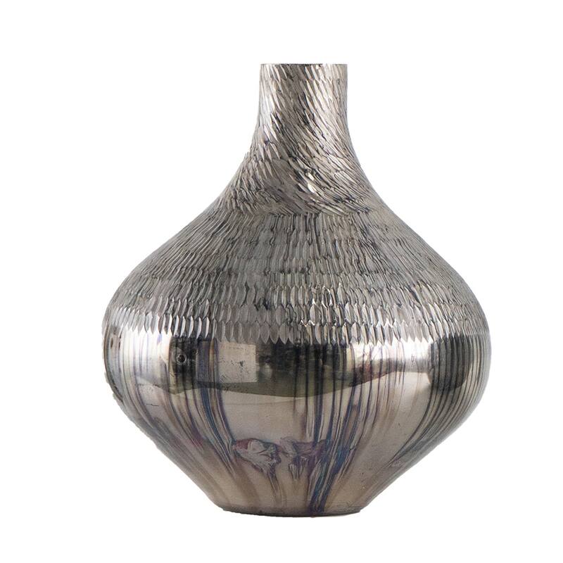 D9x10" Silver Glass Vase with Geometric Textured Pattern Modern Home Decor