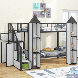 Castle-Shaped Metal Twin Bunk Bed with Wardrobe and Storage, Black+White