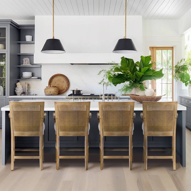 Roomfitters 25-Inch Cane Back Counter Stool, Open Arm Solid Wood Frame in Reclaimed Natural Finish, Cream