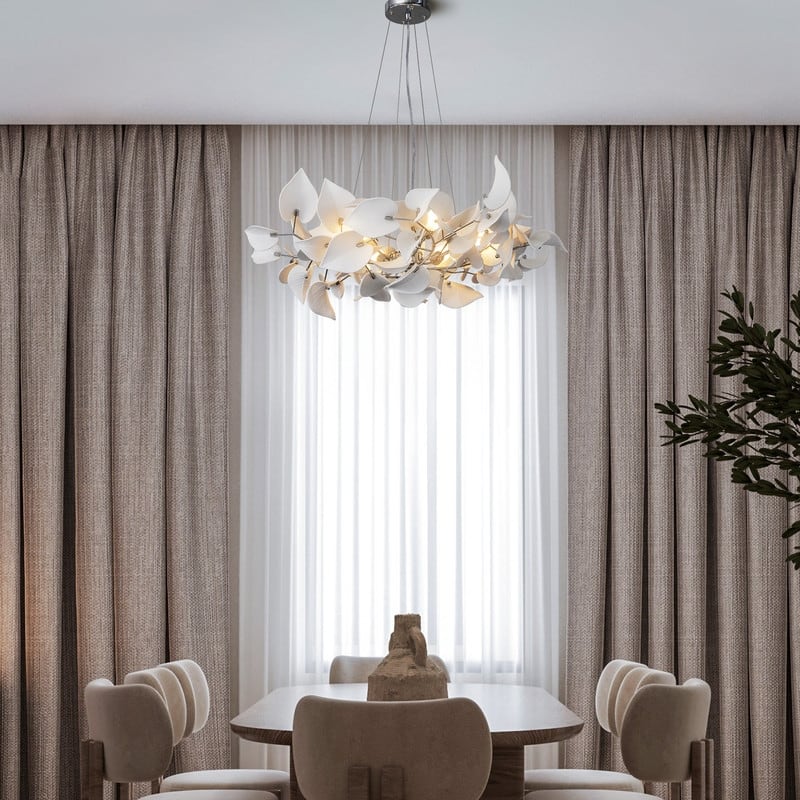 KAYLA 31.5" 6-Light Luxury Gold Round Chandelier, Modern Ceramic Leaf Branch