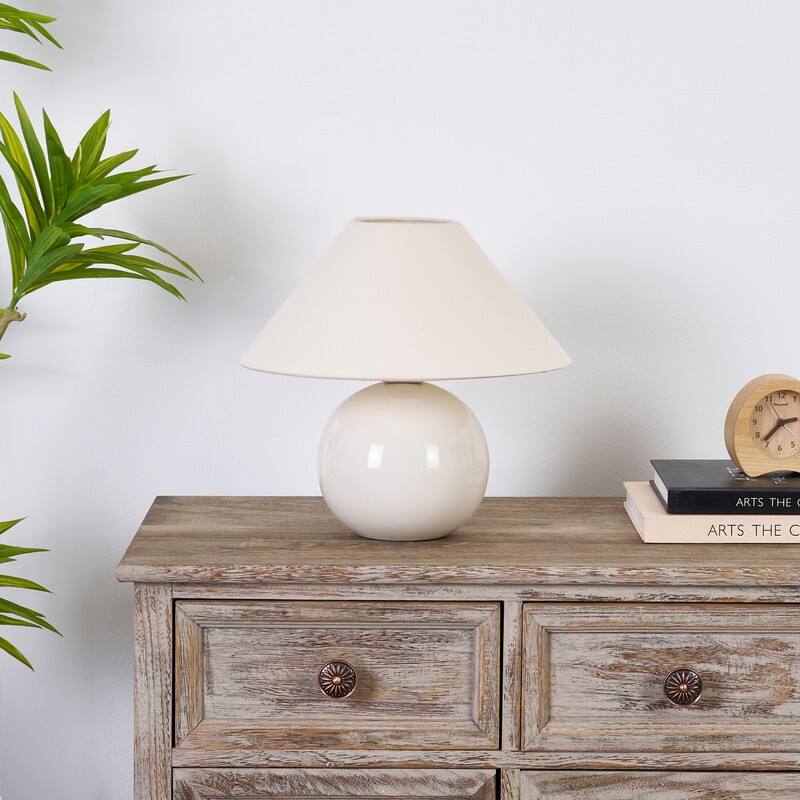 Brightech Fiona LED Off-White Cream Ceramic Midcentury Round Globe Bedside Nightstand Desk Lamp with Cream Cotton Empire Shade