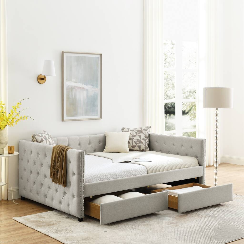 Upholstered Twin/Full Size Daybed with 2 Storage Drawers, Linen Daybed Frame Sofa Bed with Button and Copper Nail on Square Arms