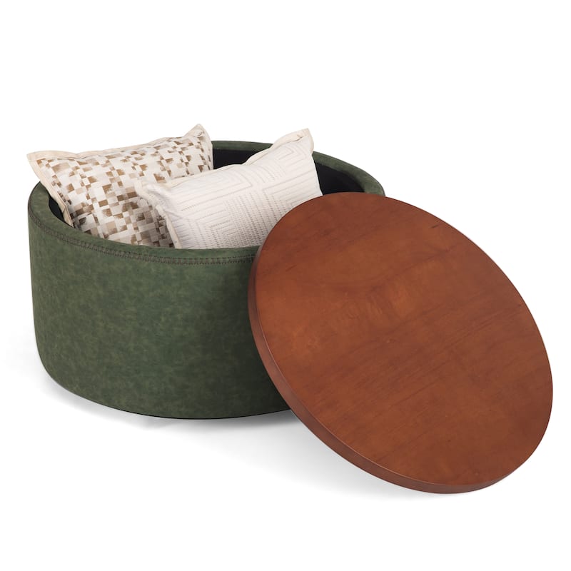 Christopher Knight Home - Mollet Modern 30" Round Hidden Storage Ottoman with Removable Wooden Lid & Rolling Wheel Casters
