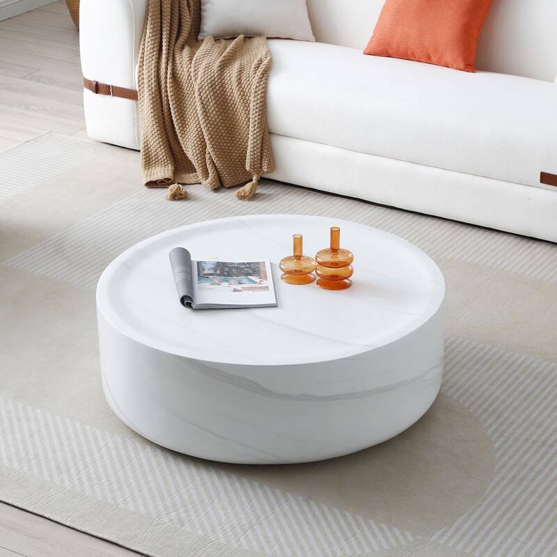 31.49'' Round coffee table,Sturdy Fiberglass table for Living Room, White, No Need Assembly
