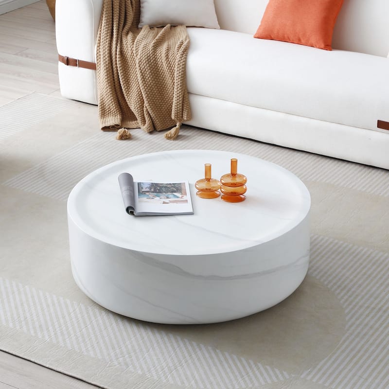 36in Black White Marble MDF Round Coffee Table Fully Assembled - 31.49" - White