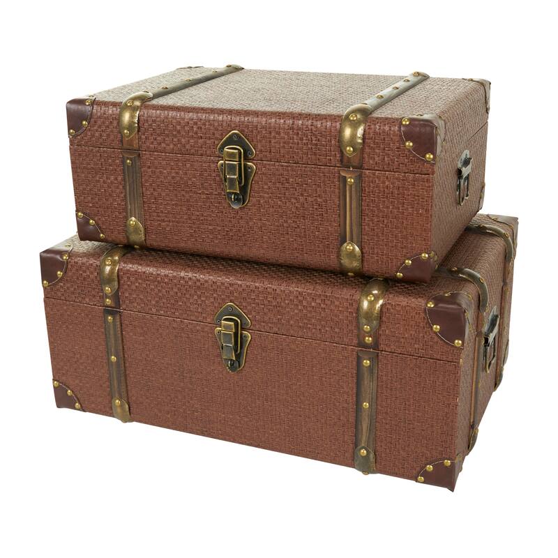 Plastic Rattan Antique Style Trunk with Brass Hardware and Leather Accents - Set of 2 Brown - Roche River Decor - 23", 18"W