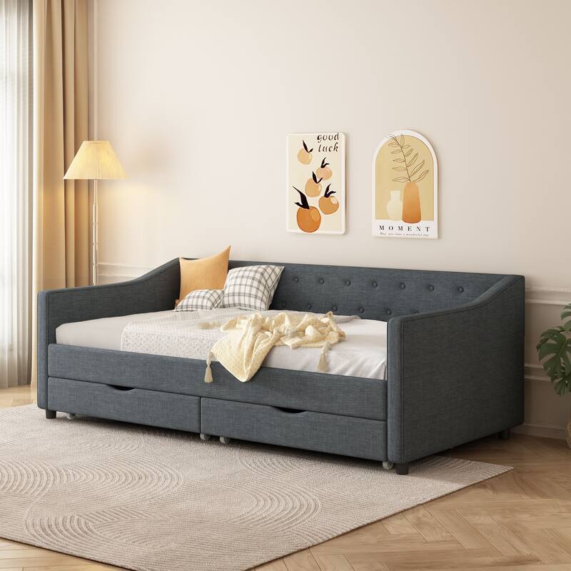 Linen Upholstered Daybed with 2 Drawers, Wooden Platform Sofa Bed Frame with Button Tufted Backrest, No Box Spring Needed - DARK GREY - Twin