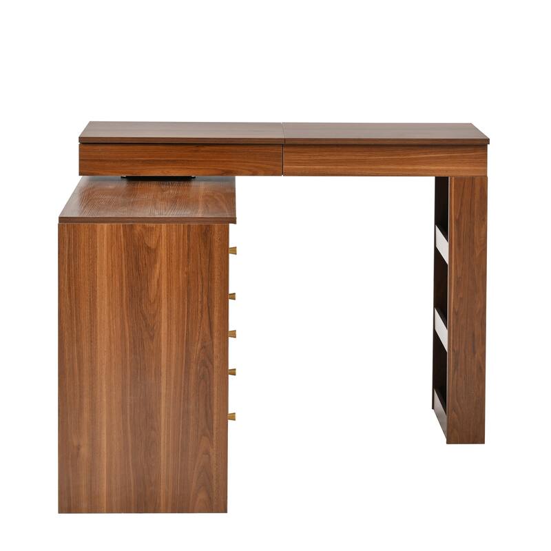 Makeup Vanity Desk with Flip-Top Mirror and Lights, L-shaped Makeup Vanity Dressing Table with 7 Drawers for Bedroom