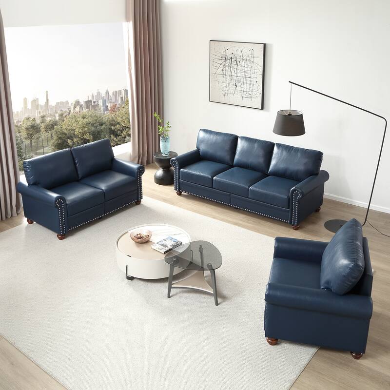 Roomfitters Living Room Sofa Loveseat with Round Arms, Tufted Couch with Silver Nail Trim , Faux Leather, Navy Blue