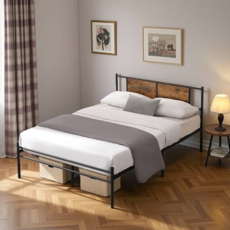 Queen Size Metal Bed Frame with Wood Panel Headboard, Sturdy Steel Structure, Under-Bed Storage, No Box Spring Needed - Full Black+Brown - Full