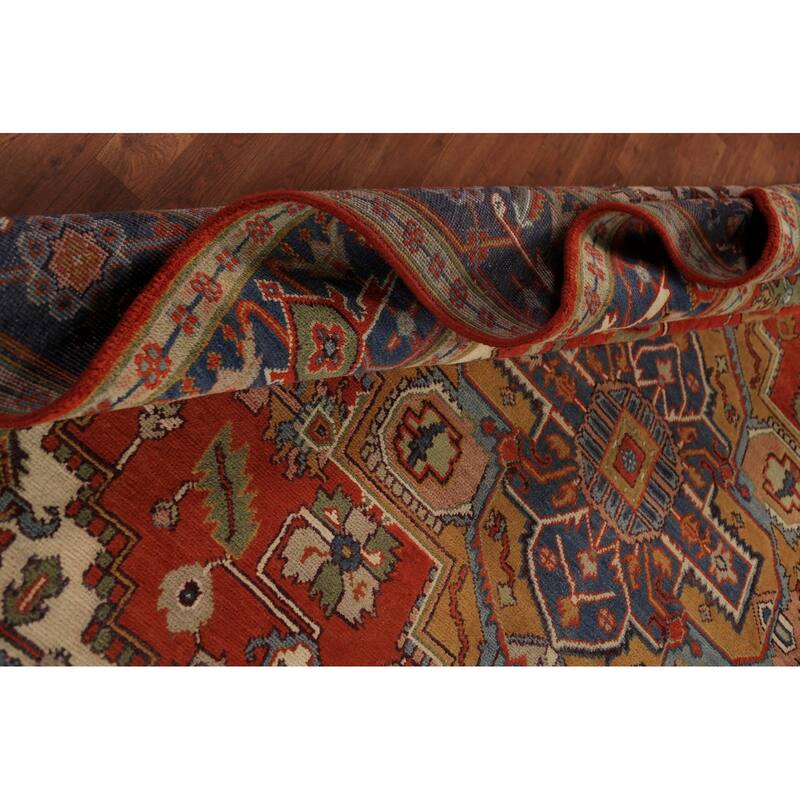 Heriz Serapi Indian Rug Hand-Knotted Medallion Orange Wool Carpet - 9'0"x 11'11"