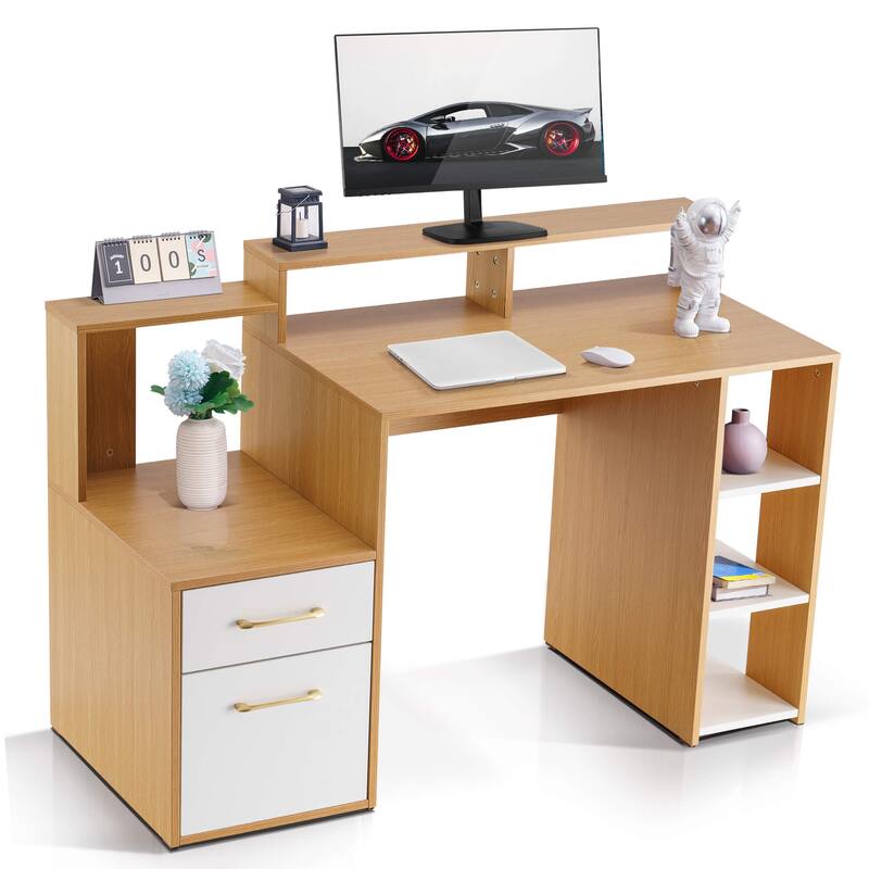 Ivinta Computer Desk with Drawers and Hutch, Modern Office Desk with File Cabinet, Small Desk for Bedroom