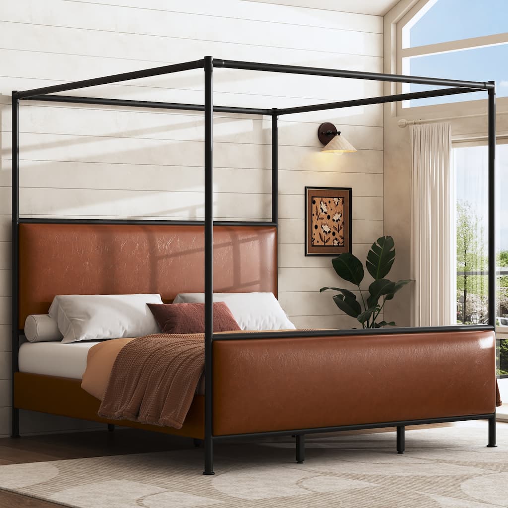 Canopy Bed Frame with Upholstered Headboard and Iron Legs, Low-Profile Platform Bed