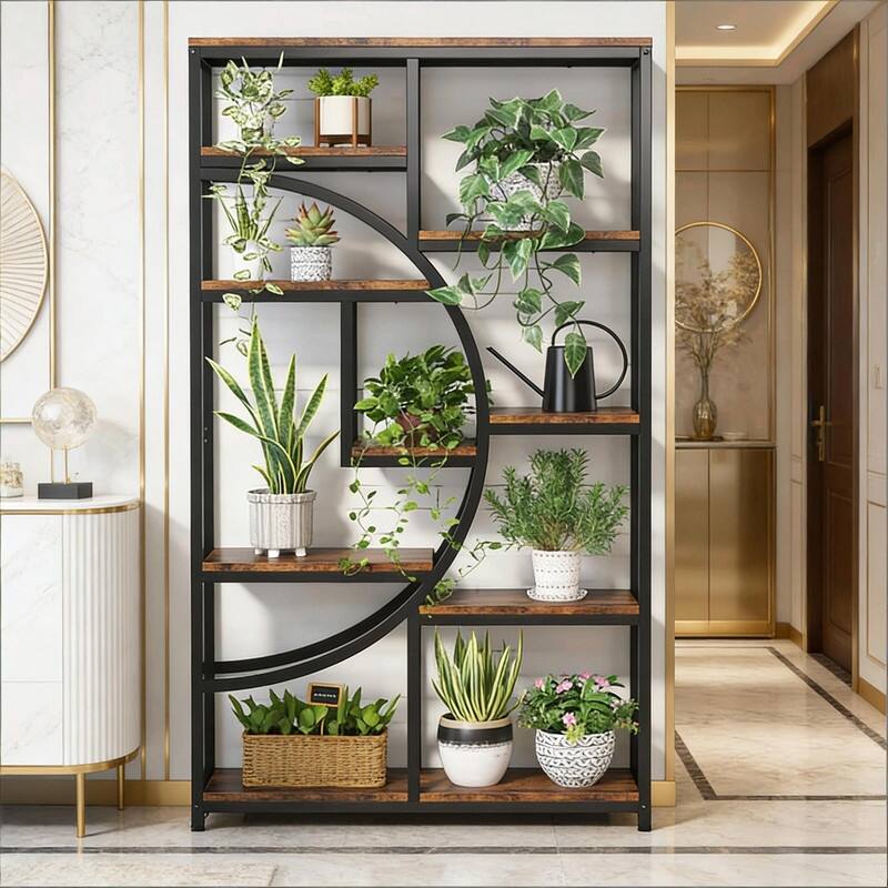 Versatile Freestanding Bookshelf - Geometric Design Display Bookcas - Black,Rustic Brown