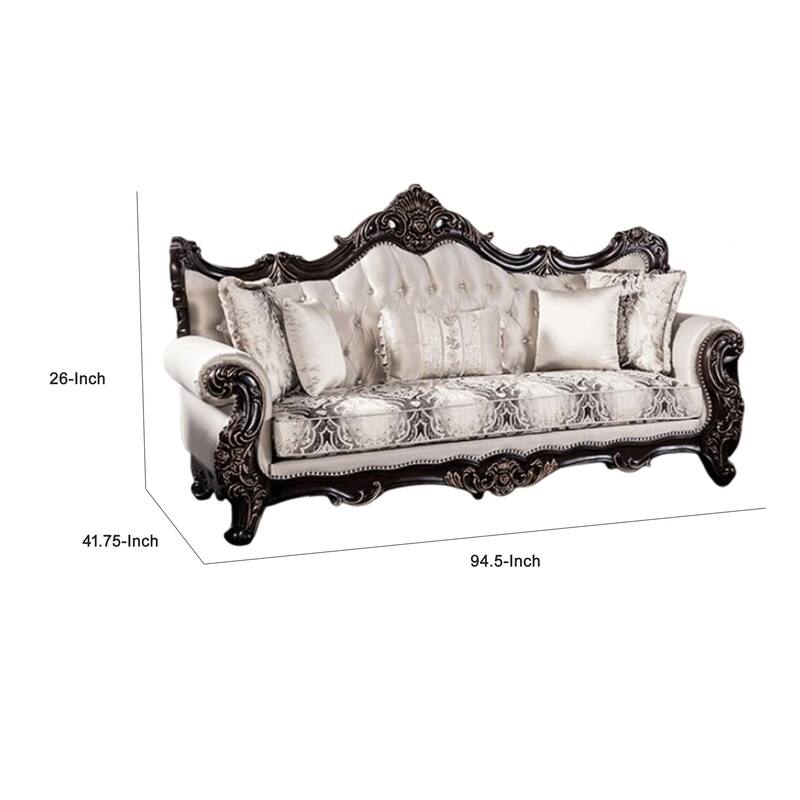Puhi Sofa w Accent Pillows, Beige Fabric, Ornate Carved Wood, 95 Inch