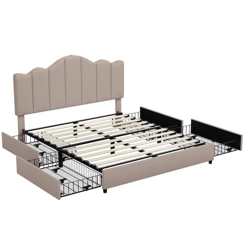 VECELO Upholstered Storage Bed Frames with Charging Stations and 4 Rolling Drawers on Both Sides Vertical Stripe Design