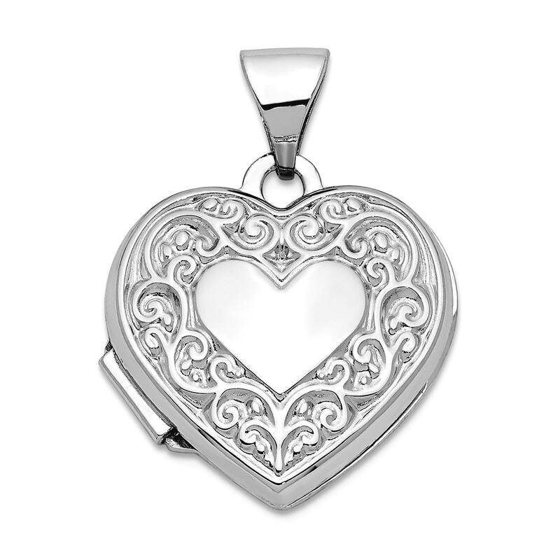 14k Yellow or White Gold 18" 21x15.4mm Heart Scroll Photo Locket Necklace - White Gold - 18 Inch - White