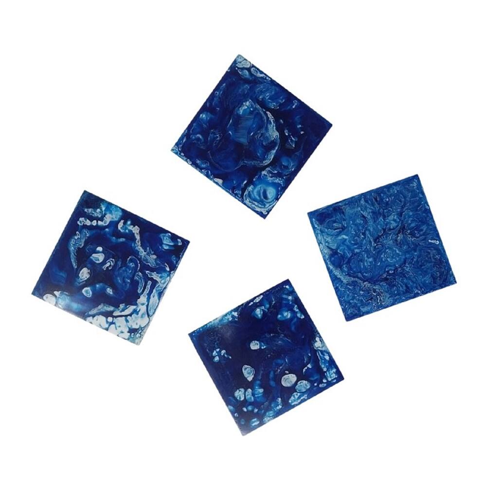 Set of 4 Square Blue Coasters Resin Dia 3.9" - Blue