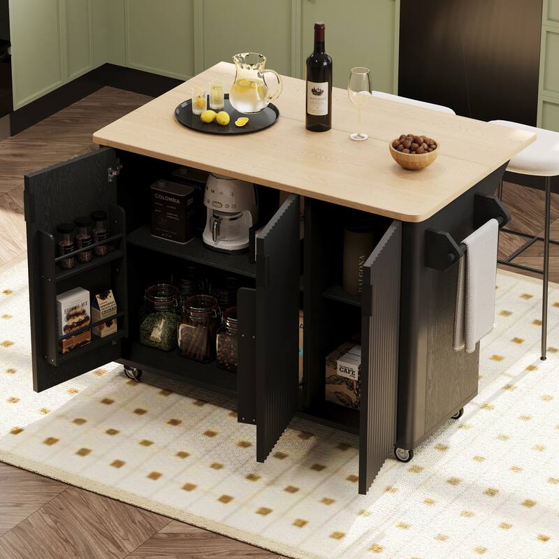 Kitchen Island with Drop Leaf, Farmhouse Kitchen Island on Wheels with Internal Storage Rack, Towel Rack for Kitchen