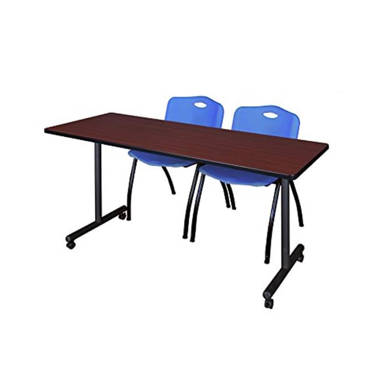 60" x 24" Mobile Training Table- Mahogany & 2 'M' Stack Chairs- Blue