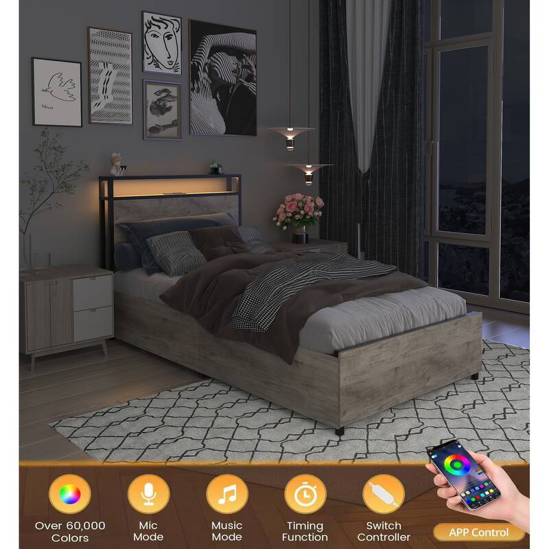 Full Size Bed Frame with Storage Headboard, Charging Station, LED Lights, Noise-Free Design, 4 Storage Drawers