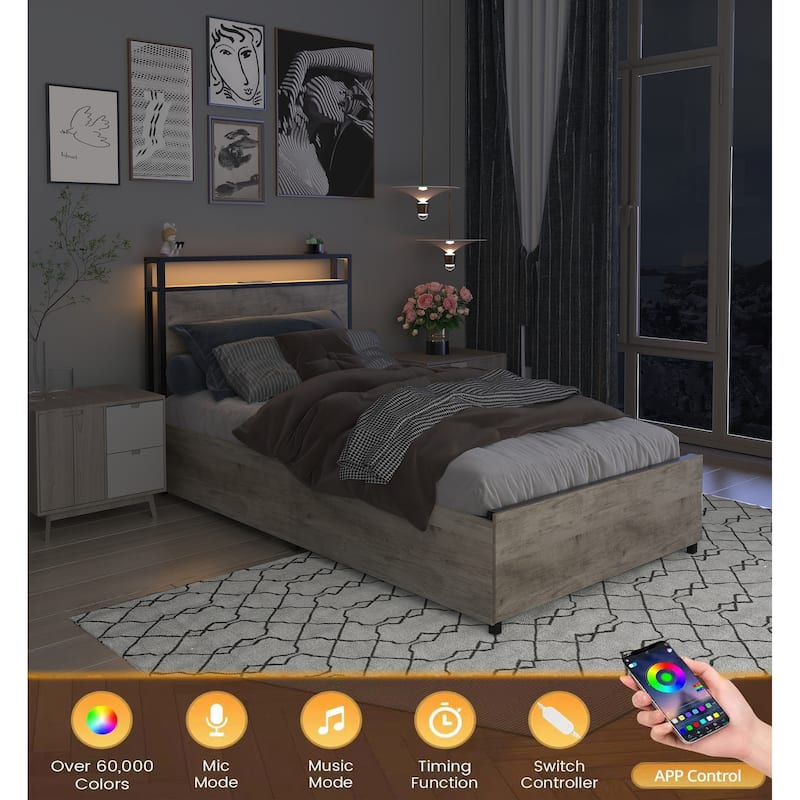 Twin Size Metal Storage Bed with Storage Headboard, Charging Station, and LED Lights