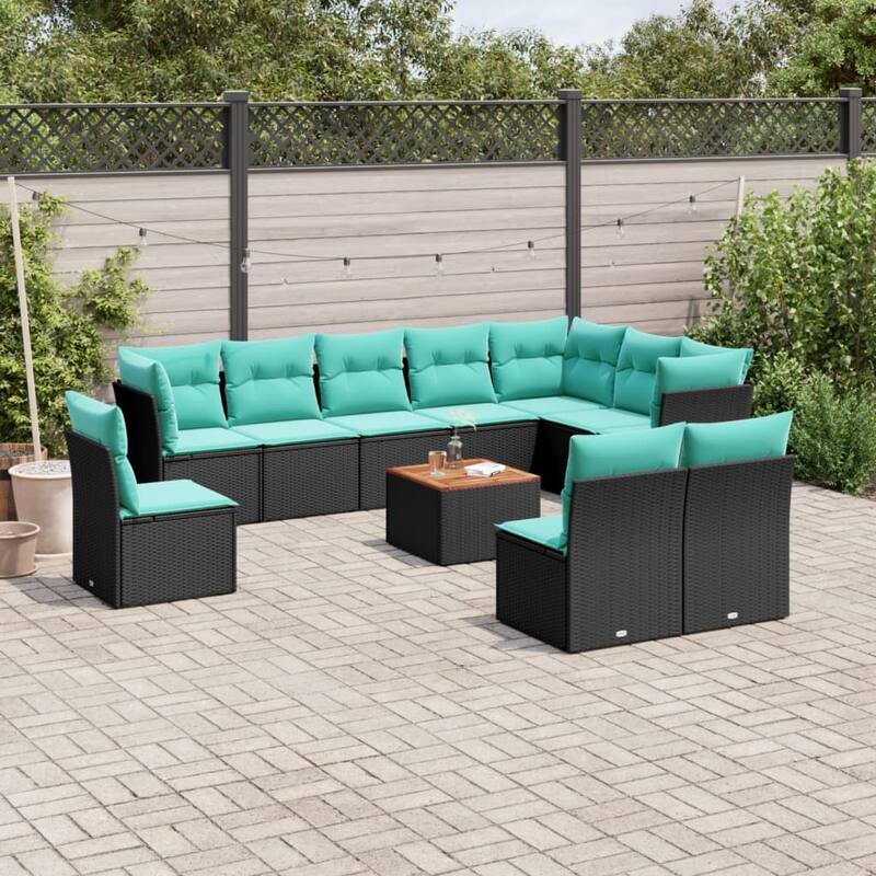 vidaXL 11 Piece Patio Sofa Set with Cushions Black Poly Rattan - 24.4 x 24.4 x 27.2