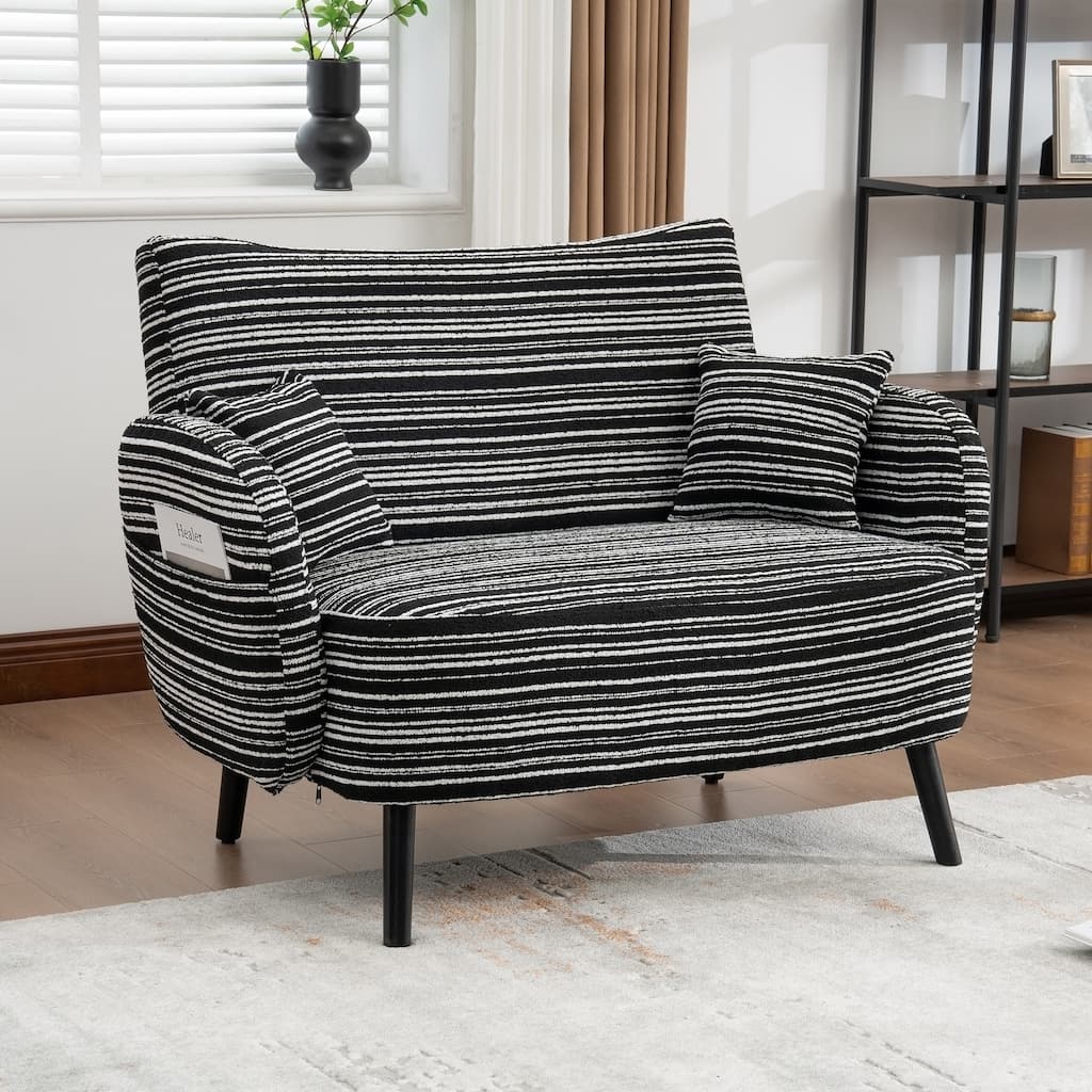 HOMEFUN Boucle Upholstered Stripes Comfortable Wood Frame Loveseats Sofa with Side Pocket and 2 Pillows