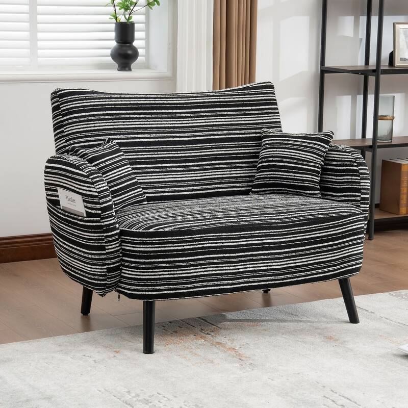 HOMEFUN Boucle Upholstered Stripes Comfortable Wood Frame Loveseats Sofa with Side Pocket and 2 Pillows - Black