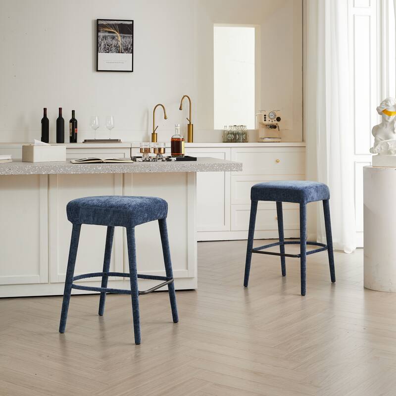 Rossetta 2-Piece Backless Fresh Design Padded Fabric Bar Stool Set with Integrated Metal Footrest