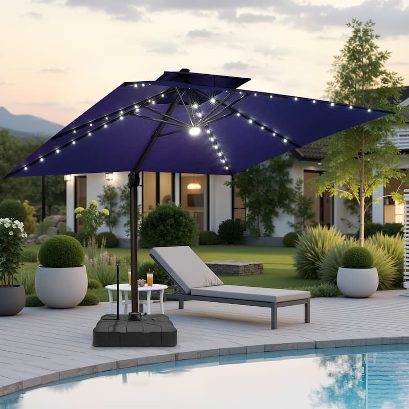 Pellebant 11 FT Square Outdoor Patio Double Top Cantilever Umbrella Solar LED Lighted with Rod Base